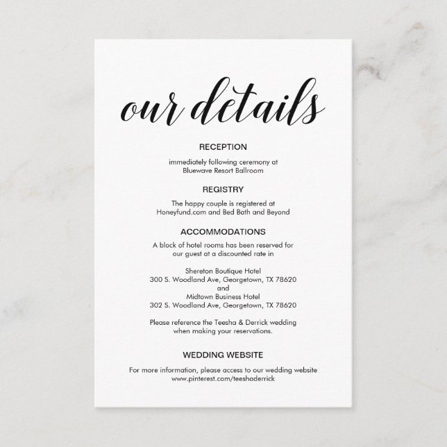 Elegant Black Script, Wedding Details Information Enclosure Card (Front)