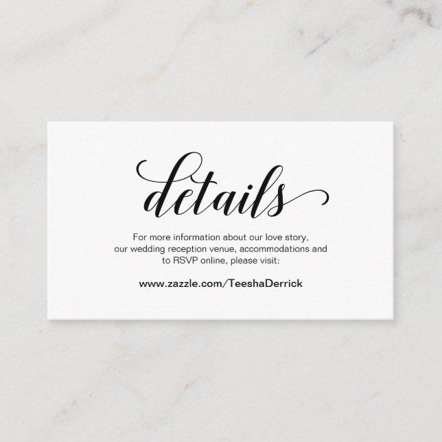 Elegant Black Script, Wedding Details, Online RSVP Enclosure Card (Front)