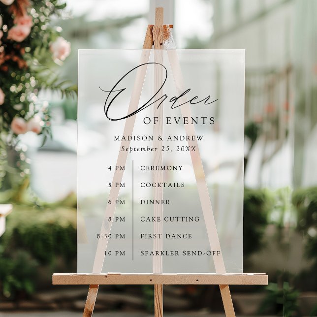 Elegant Black Script Wedding Order of Events Acrylic Sign (Creator Uploaded)