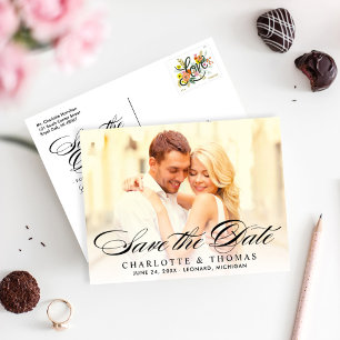 Elegant Black Script Wedding Photo Save the Date Announcement Postcard