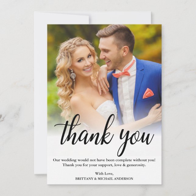 Elegant Black Script Wedding Photo Thank You Card (Front)