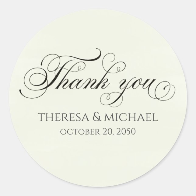 Elegant Black Script Wedding Thank You Names Date Classic Round Sticker (Front)