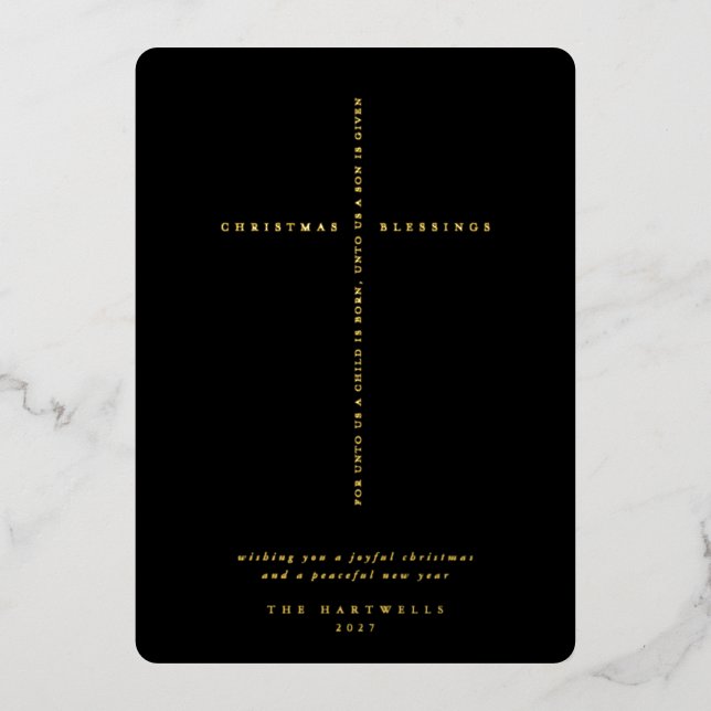 Elegant Black Scripture Cross Foil Holiday Card (Front)