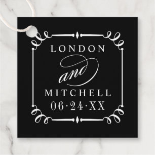 Elegant Black Scroll Frame Monogram Wedding Favour Tags