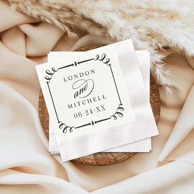 Elegant Black Scroll Frame Monogram Wedding Napkin (Creator Uploaded)