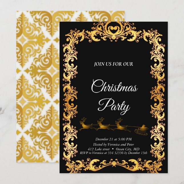 Elegant black sequined stars invitation (Front/Back)