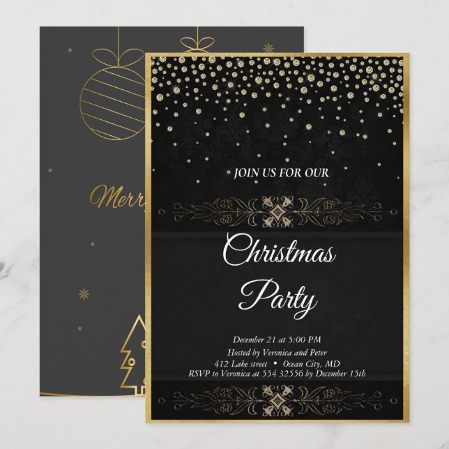 Elegant black sequined stars invitation (Front/Back)