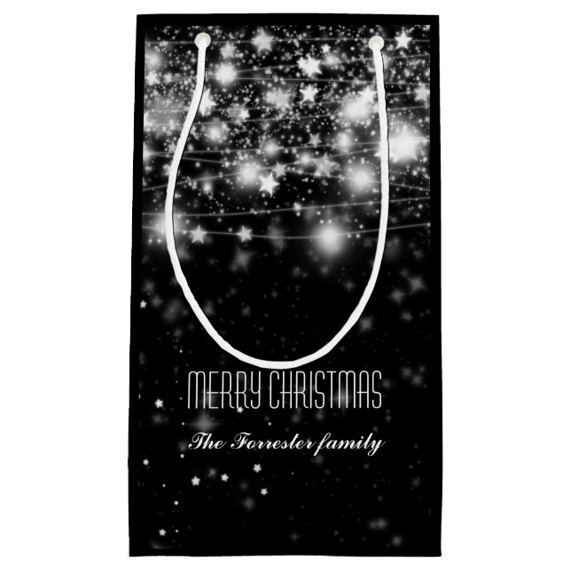 Elegant Black Shimmering Stars Merry Christmas Small Gift Bag (Front)