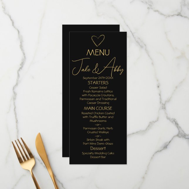 Elegant Black Shiny Love Heart Wedding Black Menu (Front/Back In Situ)