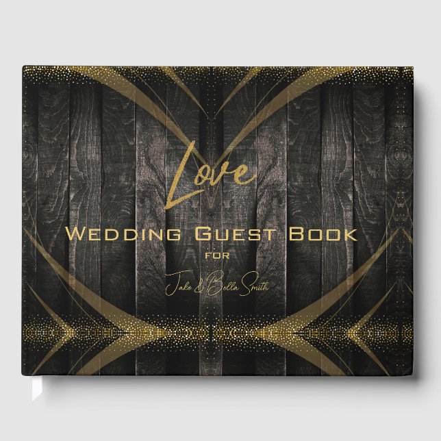 Elegant Black Shiny Rustic Wood Wedding Guest Book (Front)