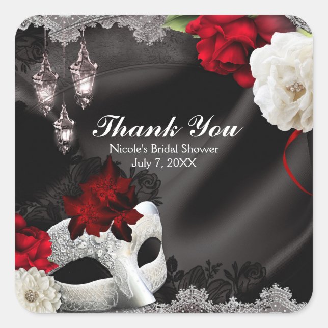 Elegant Black Silk Floral & Lace Masquerade Party Square Sticker (Front)