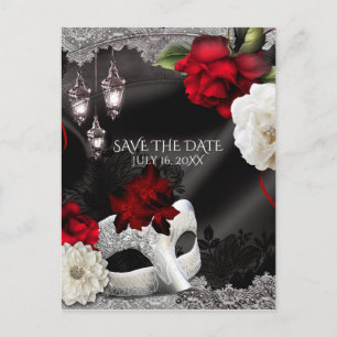 Elegant Black Silk Floral Masquerade Save the Date Announcement Postcard