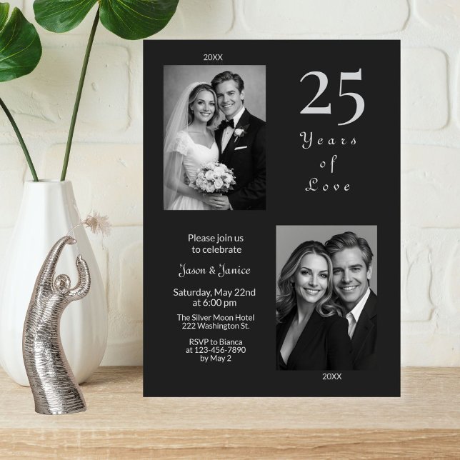 Elegant Black Silver 25th Wedding Anniversary Invitation (Creator Uploaded)