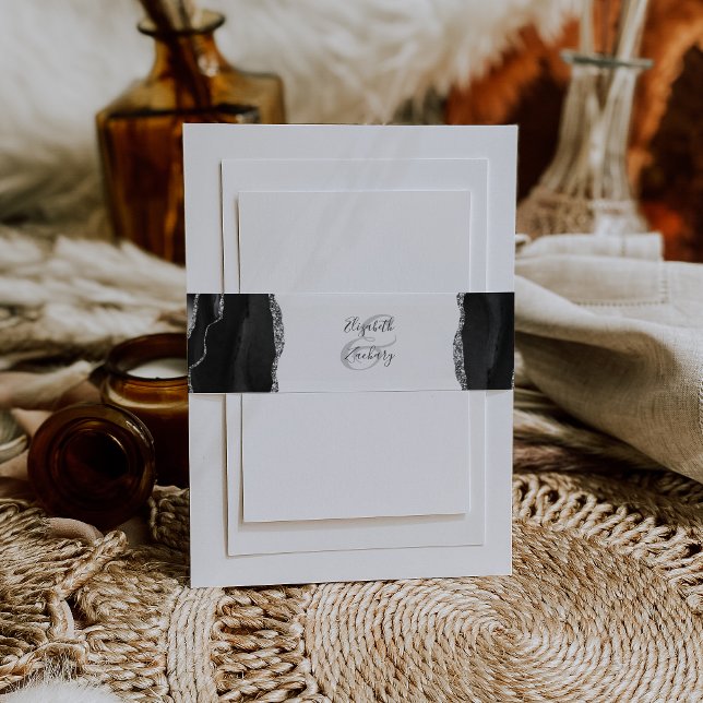 Elegant Black Silver Agate Wedding Invitation Belly Band (Creator Uploaded)