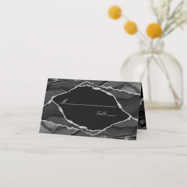 Elegant Black Silver Agate Wedding Place Card (Front)