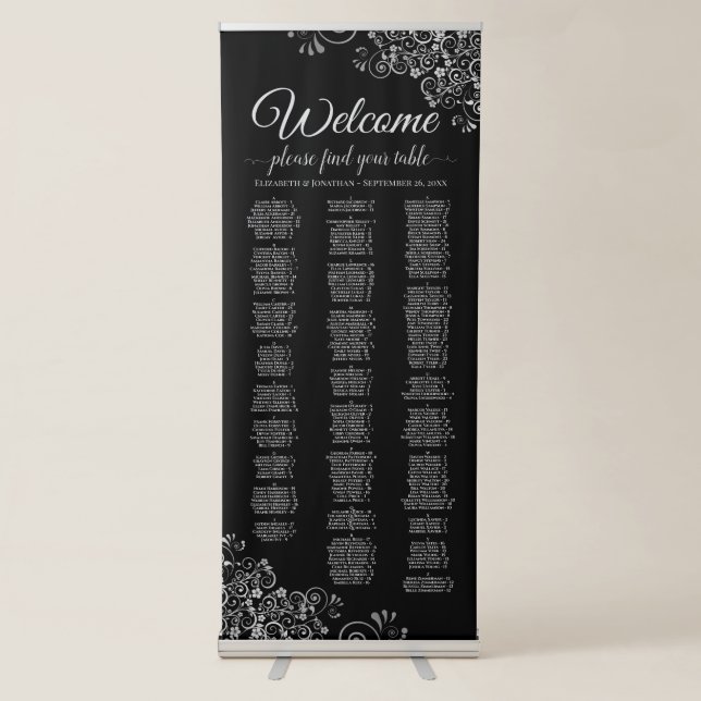 Elegant Black & Silver Alphabetical Seating Chart Retractable Banner (Front)