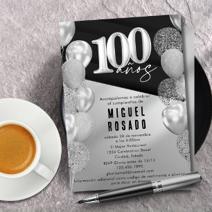 Elegant Black Silver Balloons 100th Birthday Party Invitation