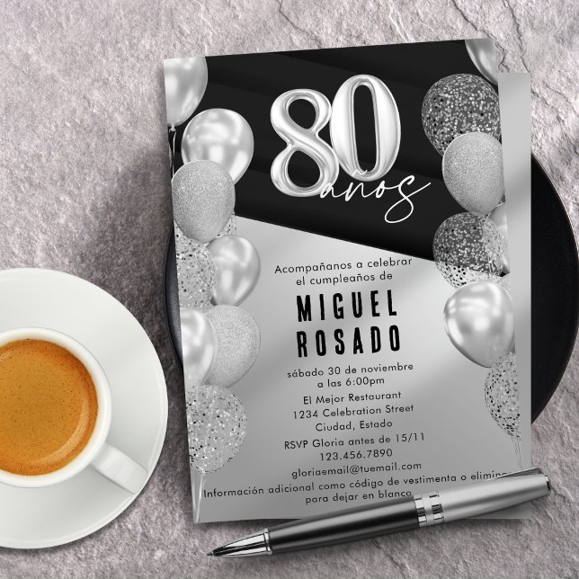 Elegant Black Silver Balloons 80th Birthday Party Invitation (Creator Uploaded)