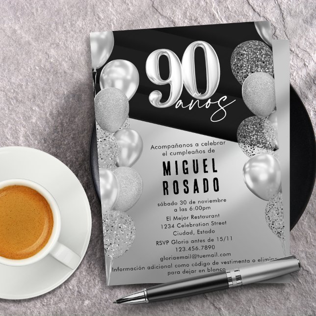 Elegant Black Silver Balloons 90th Birthday Party Invitation (Creator Uploaded)