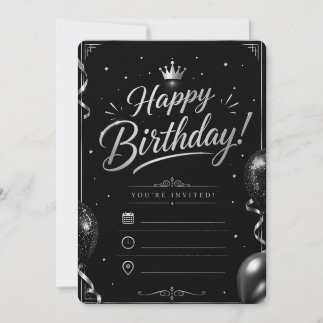 Elegant Black & Silver Birthday Invitation  (Front)