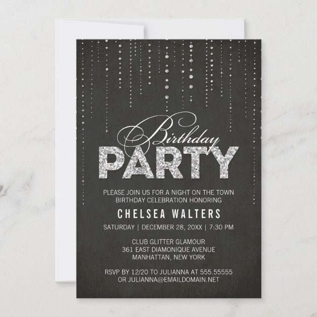 Elegant Black & Silver Birthday Party Invitation (Front)