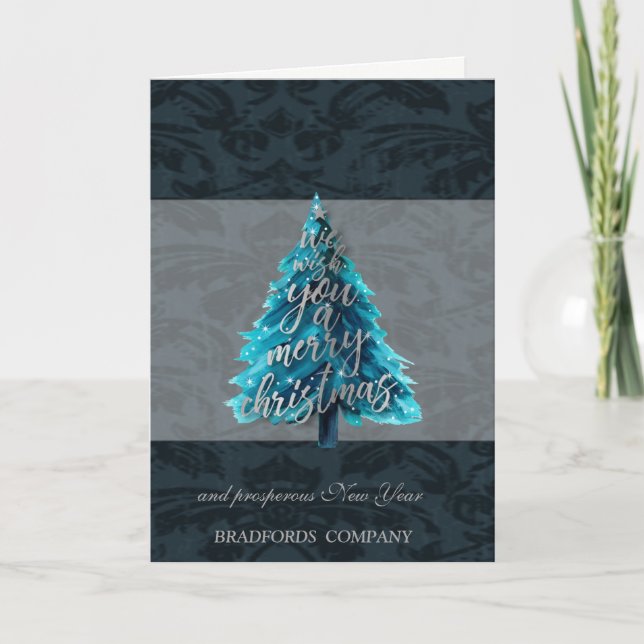 Elegant Black  Silver Blue Christmas Tree, Company Holiday Card (Front)