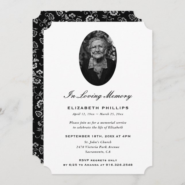 Elegant Black Silver Botanical Photo Memorial Invitation (Front/Back)