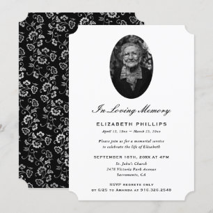 Elegant Black Silver Botanical Photo Memorial Invitation