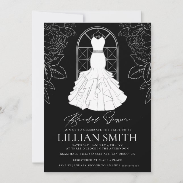 Elegant Black & Silver Bridal Dress Bridal Shower Invitation (Front)