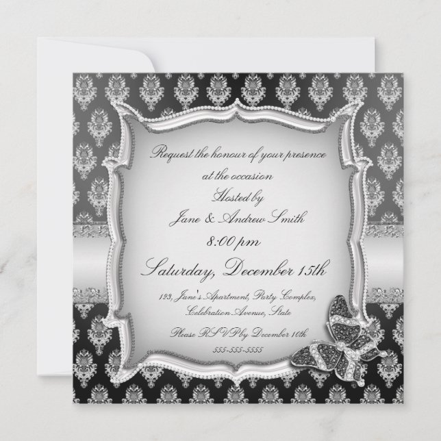 Elegant black silver butterfly jewel invitation (Front)