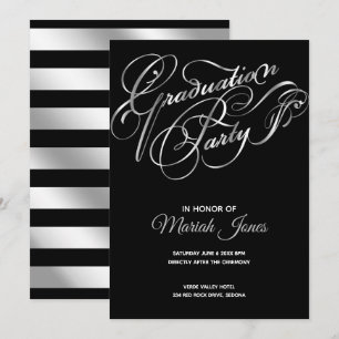Elegant Black -Silver Calligraphy Graduation Party Invitation
