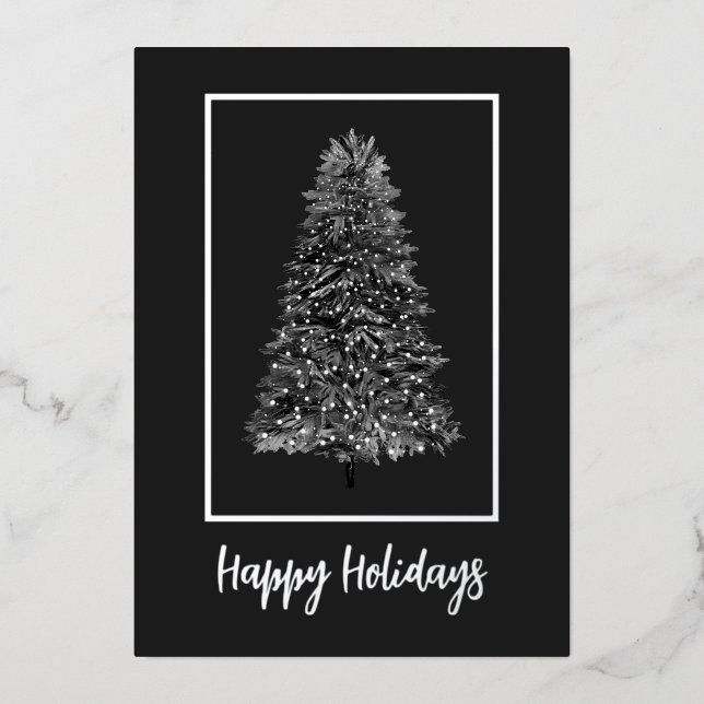 Elegant Black Silver Christmas Tree Foil Holiday Card (Front)