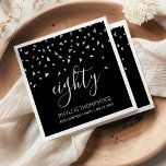 Elegant Black Silver Confetti 80th Birthday Party Napkin<br><div class="desc">Help them celebrate their 80th birthday in style with this simple but elegant design, featuring faux silver triangular confetti sifting down on the word "eighty" in light grey handwriting font on a black background. Personalise it with the name of the honoree in light grey sans serif font, along with the...</div>