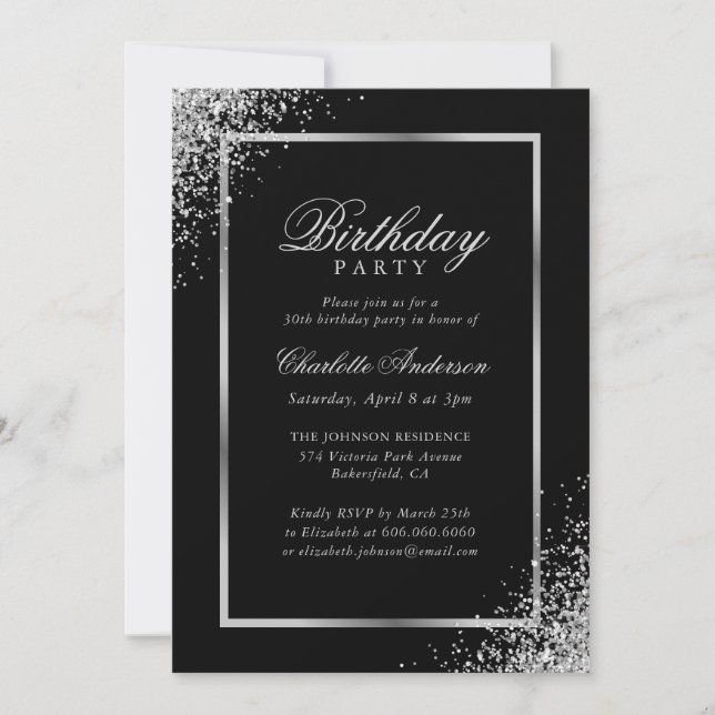 Elegant Black Silver Confetti Birthday Party Invitation (Front)