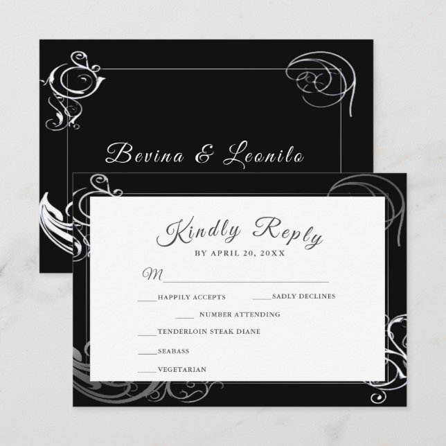 Elegant Black Silver Curls Wedding Dinner Choice   RSVP Card (Front/Back)