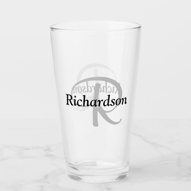Elegant Black Silver Custom Monogram Name Glass (Front)