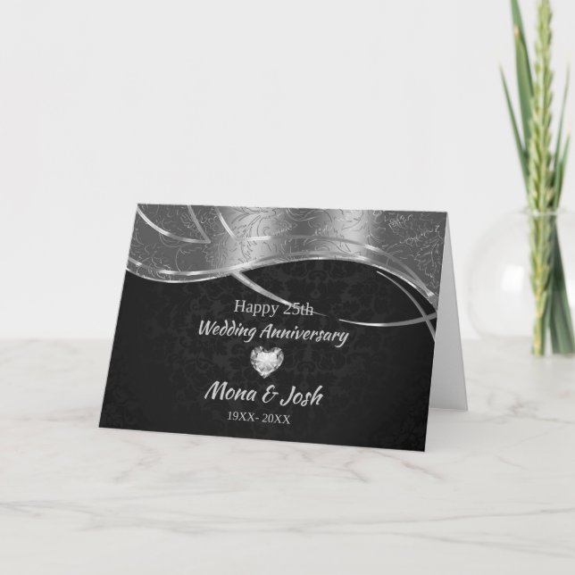 Elegant Black & Silver Damask Card (Front)