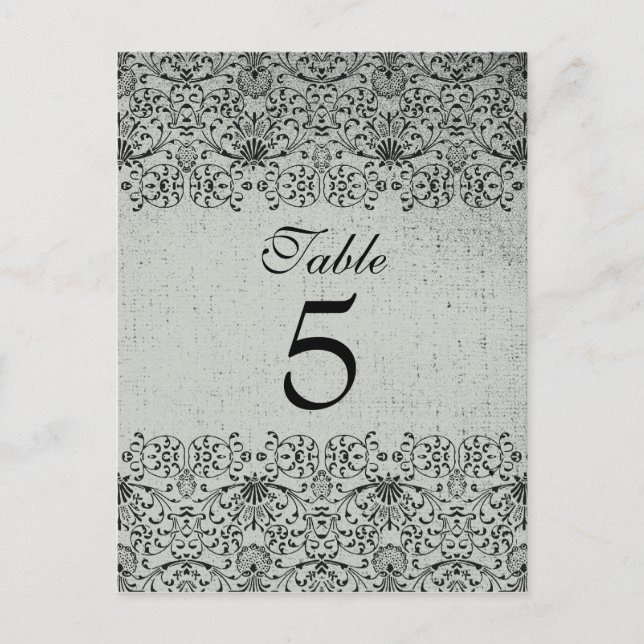 Elegant black silver damask wedding table card (Front)