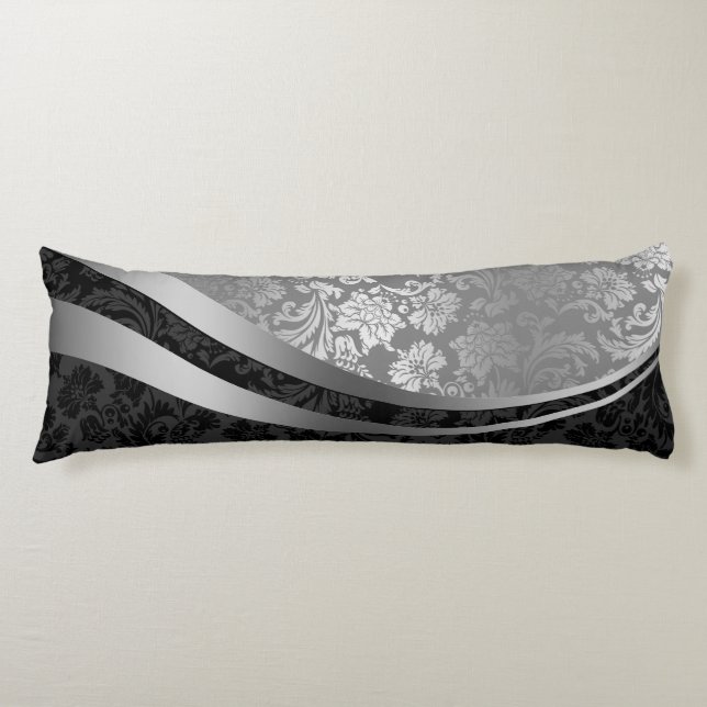 Elegant Black & Silver Damasks Dynamic Stripes Body Cushion (Front)