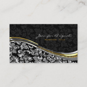Elegant Black & Silver Damasks Gold Accents Business Card