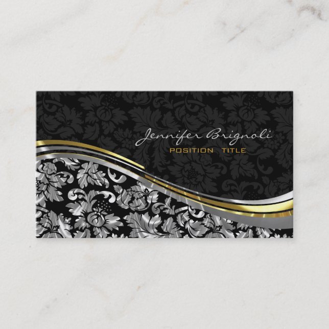 Elegant Black & Silver Damasks Gold Accents Business Card (Front)