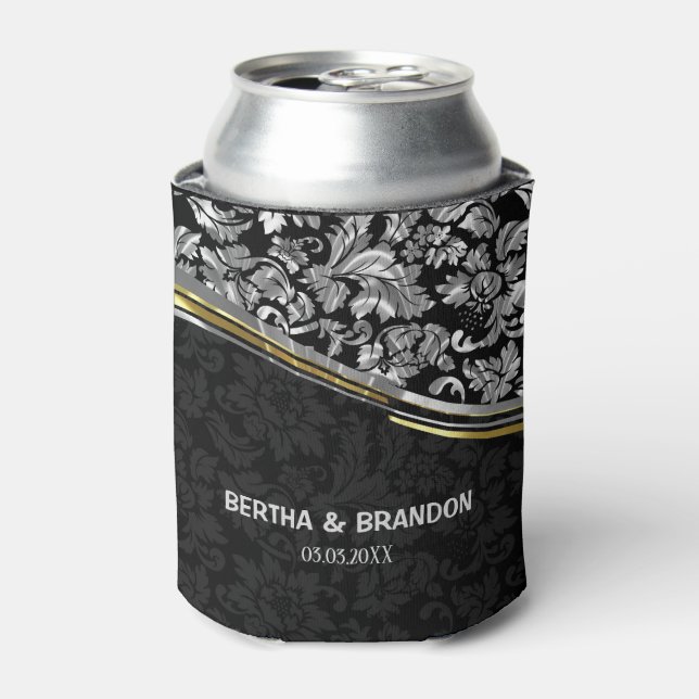 Elegant Black & Silver Damasks Gold Accents Can Cooler (Can Front)