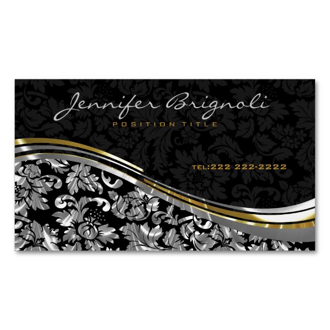 Elegant Black & Silver Damasks Gold Accents Magnetic Business Card (Front)