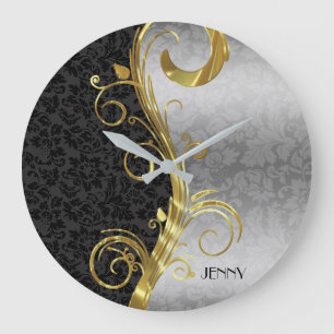 Elegant Black Silver Damasks Gold Swirls Large Clock