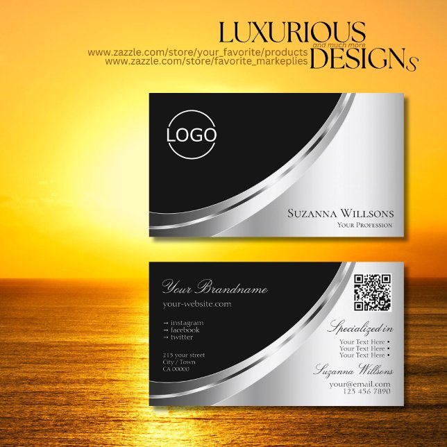 Elegant Black Silver Decor with Logo and QR Code Business Card (Creator Uploaded)