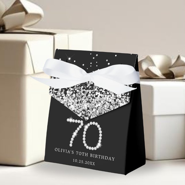 Elegant Black Silver Diamonds 70th Birthday Favour Box (Elegant Diamonds 70th Birthday Favor boxes)