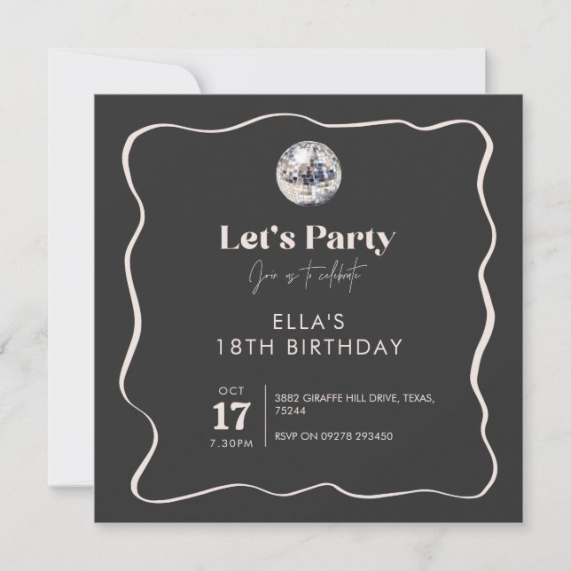 Elegant Black & Silver Disco Ball 18th Birthday Invitation (Front)