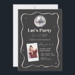 Elegant Black & Silver Disco Ball 18th Birthday Invitation<br><div class="desc">Celebrate in style with this elegant black and silver disco ball photo editable age birthday party invitation. Featuring a modern dark background, chic wavy border, and a shimmering disco ball, this trendy design is perfect for a milestone celebration. Personalise with your party details to create the ultimate invite that sets...</div>