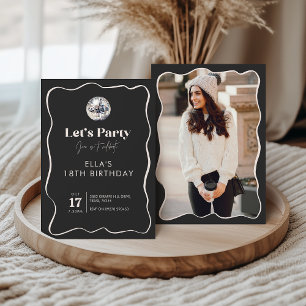 Elegant Black & Silver Disco Ball photo Birthday Invitation