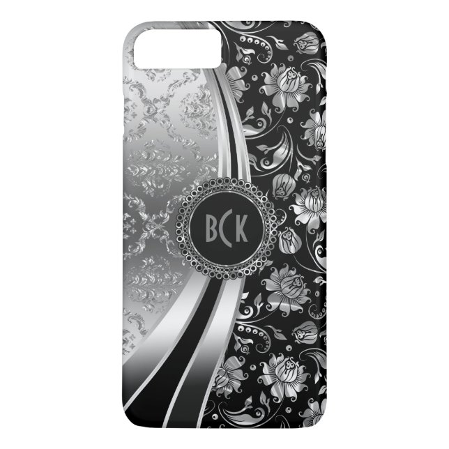 Elegant Black & Silver Floral Damask Case-Mate iPhone Case (Back)